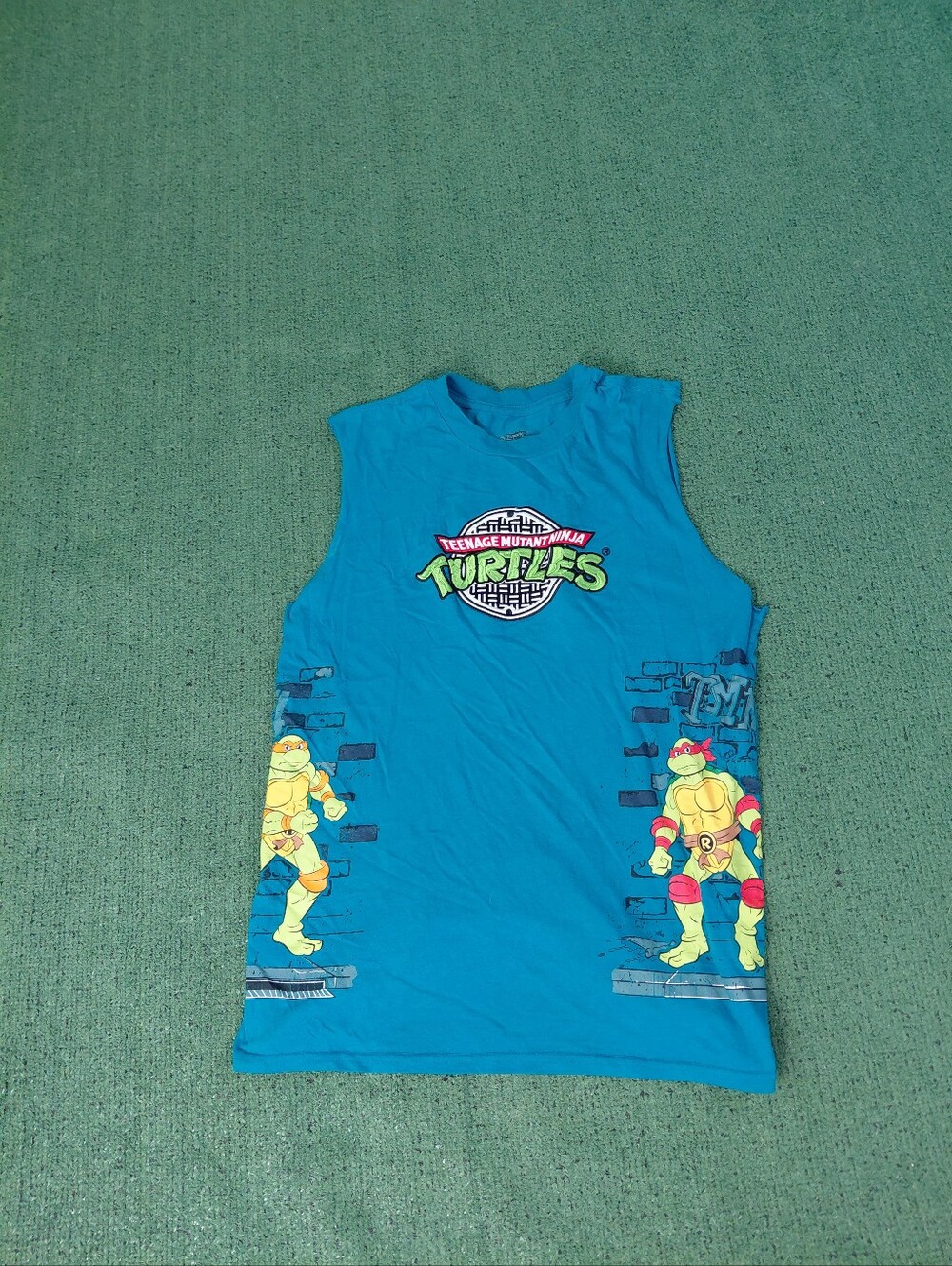 Teenage Mutant Ninja Turtles TMNT Embroidered Logo Cartoon Teal Cutoff Sz Large